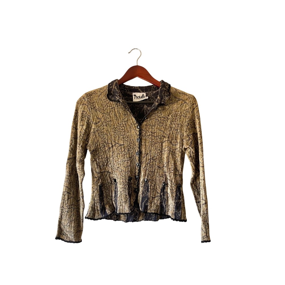 Vintage Velour Brown Black Textured Button Front‎ Cardigan XSmall whimsigoth